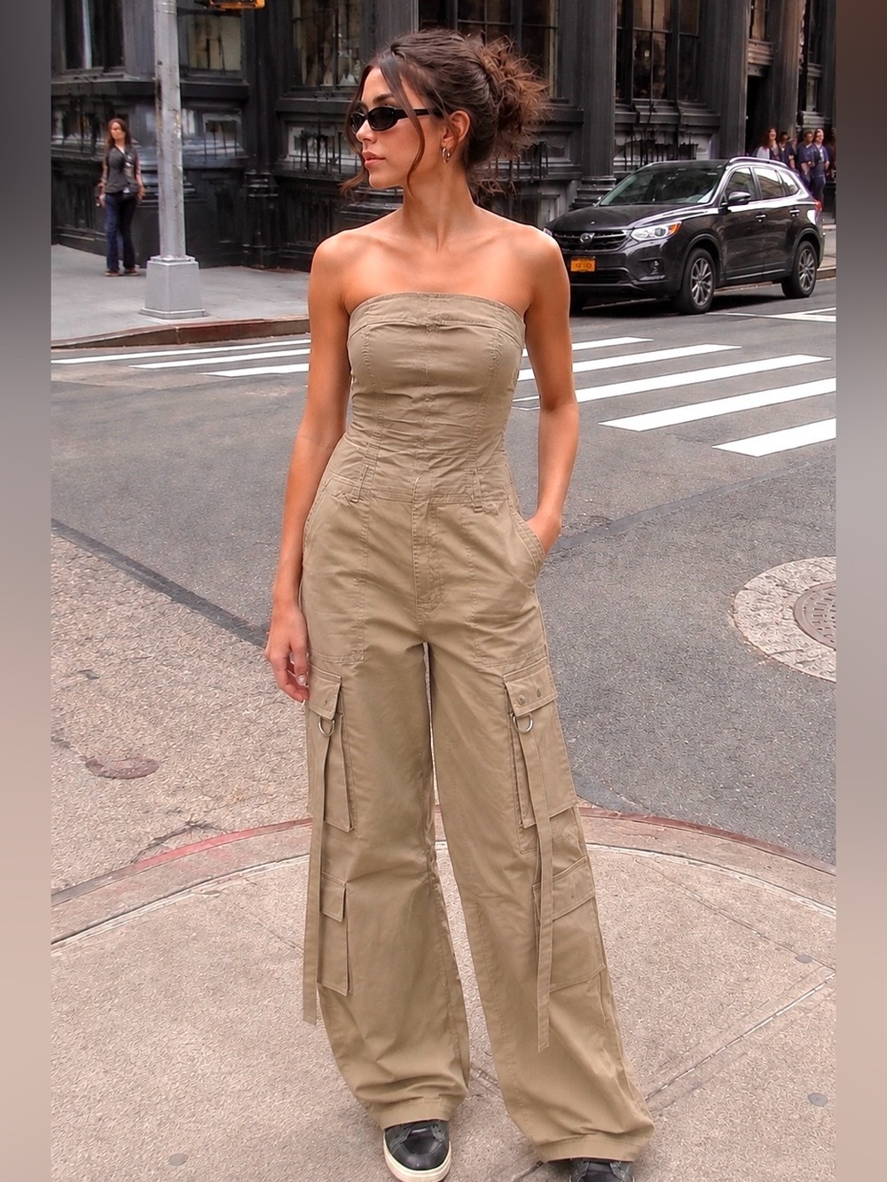 Mango Beige Strapless Cargo Utility Wide Leg Jumpsuit S